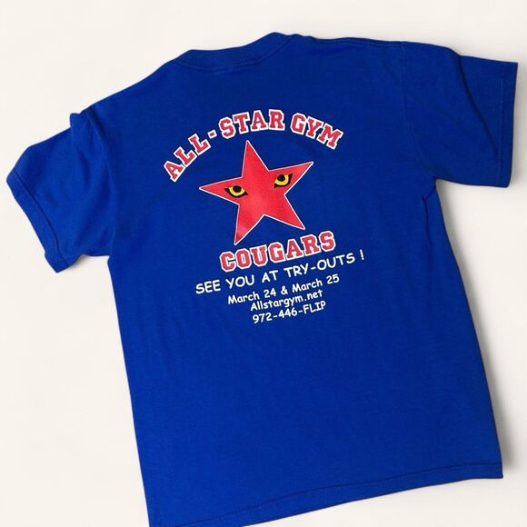 Vintage All-Star Gym Cougar Cheer T-Shirt Blue Red Star Jerzees Sz S - Picture 2 of 3